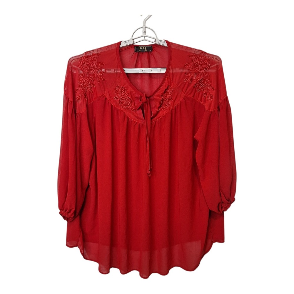 L & B Lucky & Blessed Womens 3X Embroidered Tunic Top Red Semi Sheer Holiday